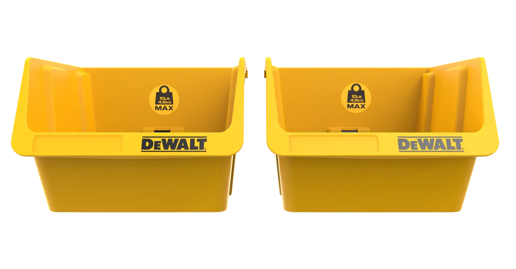 Zwei gelbe DEWALT Aufbewahrungsboxen mit Frontöffnung zum Ordnen von Werkzeug oder Zubehör.