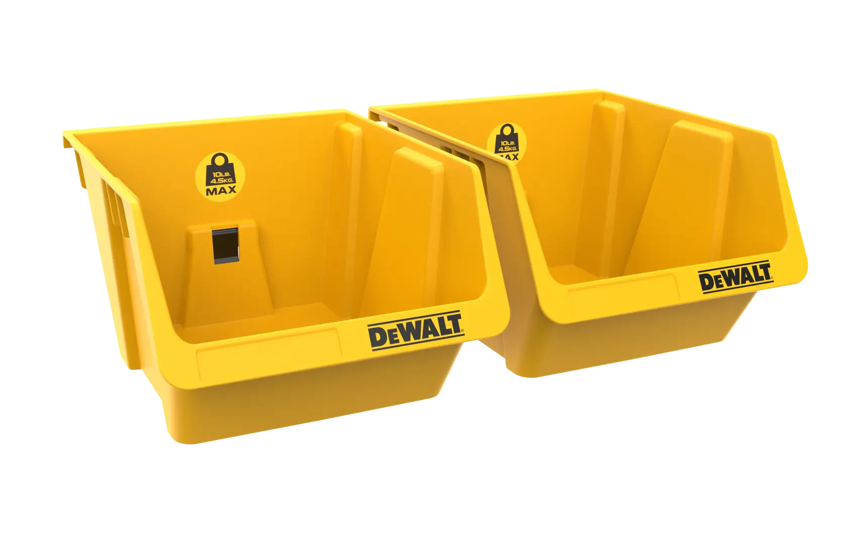 Zwei gelbe DEWALT-Aufbewahrungsboxen mit offener Front zum Organisieren von Werkzeugen.