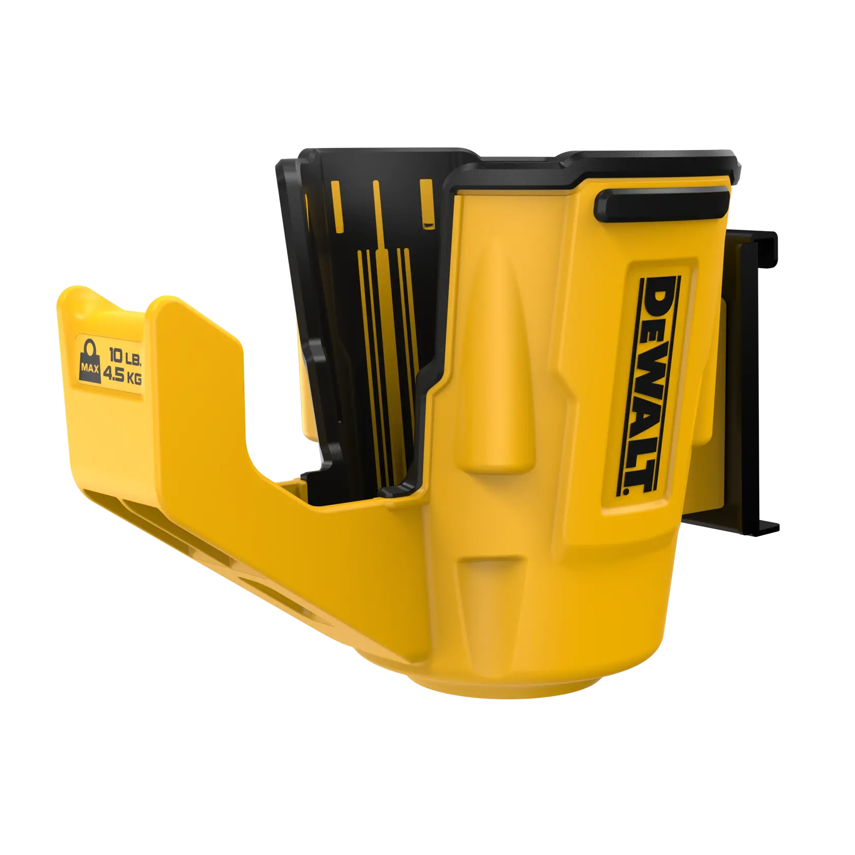 Soporte de herramienta DEWALT amarillo y negro, montaje mural, capacidad máxima 10 lb.