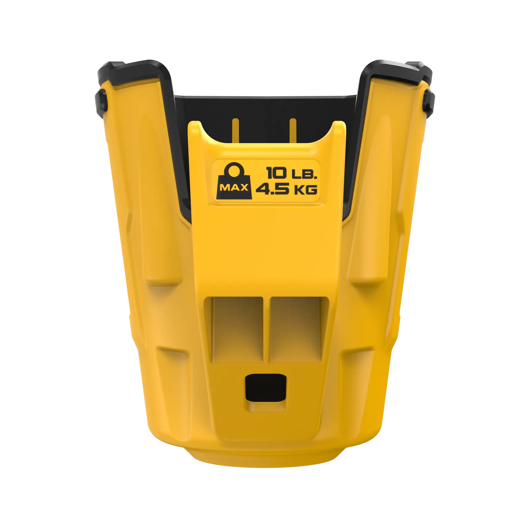 Accesorio amarillo DEWALT para cubo, carga máx. 10 lb (4,5 kg), plástico resistente, detalles negros.