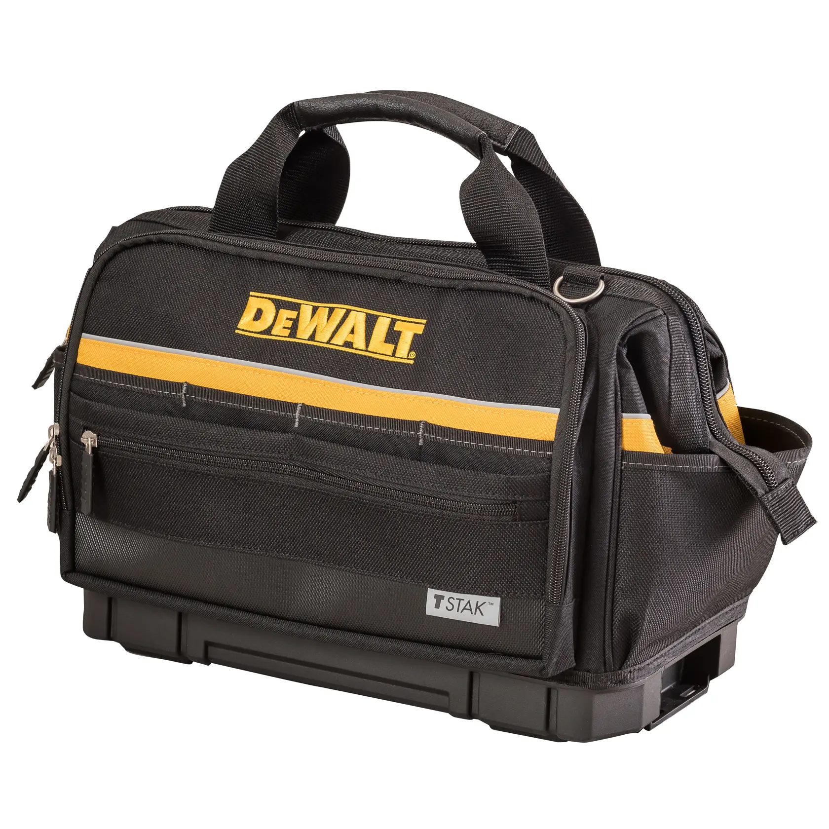 Sac à outils DEWALT noir avec bande jaune, poches zippées et poignées pour un transport facile.