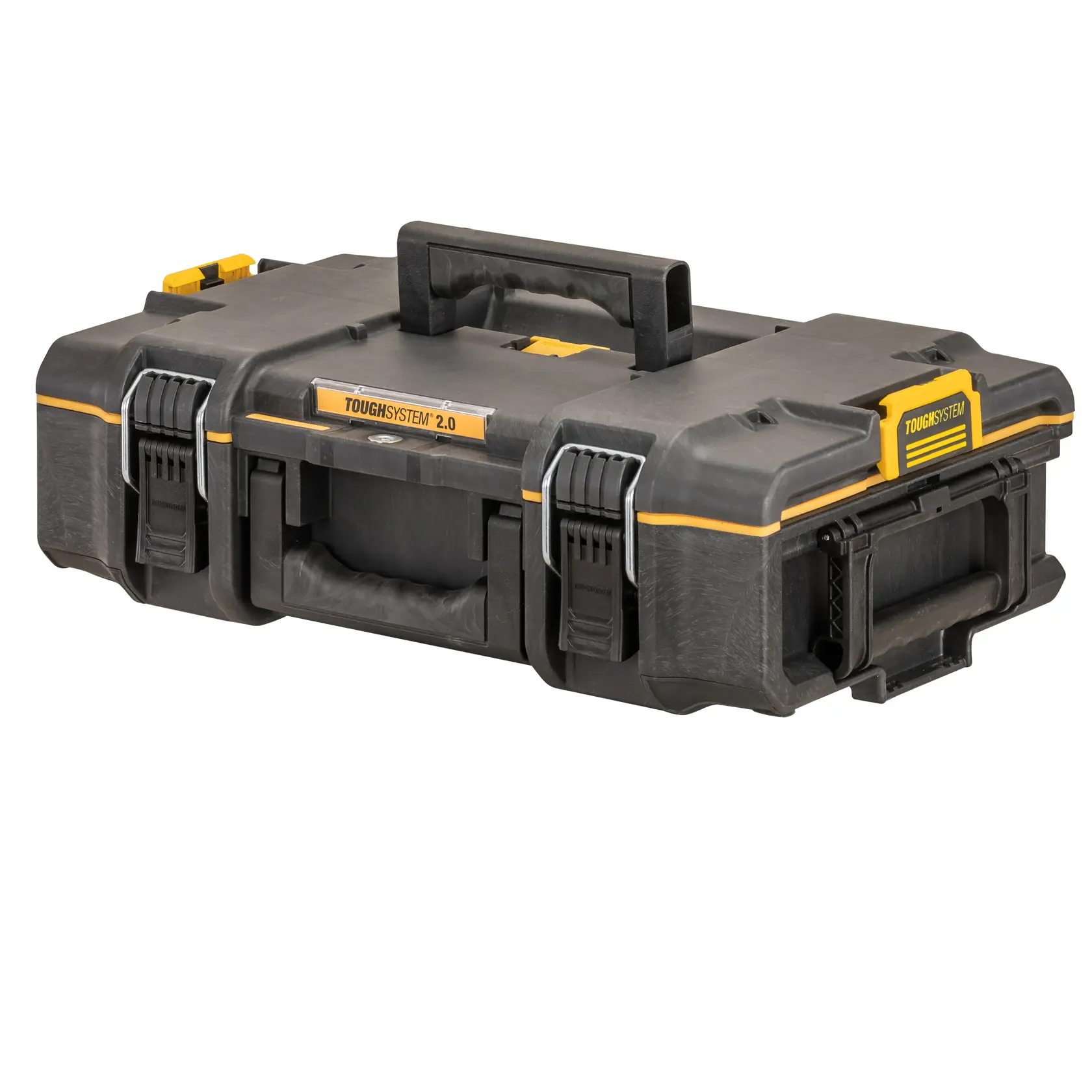Boîte à outils DEWALT ToughSystem 2.0 noire avec accents jaunes, poignées et loquets, présentée fermée.