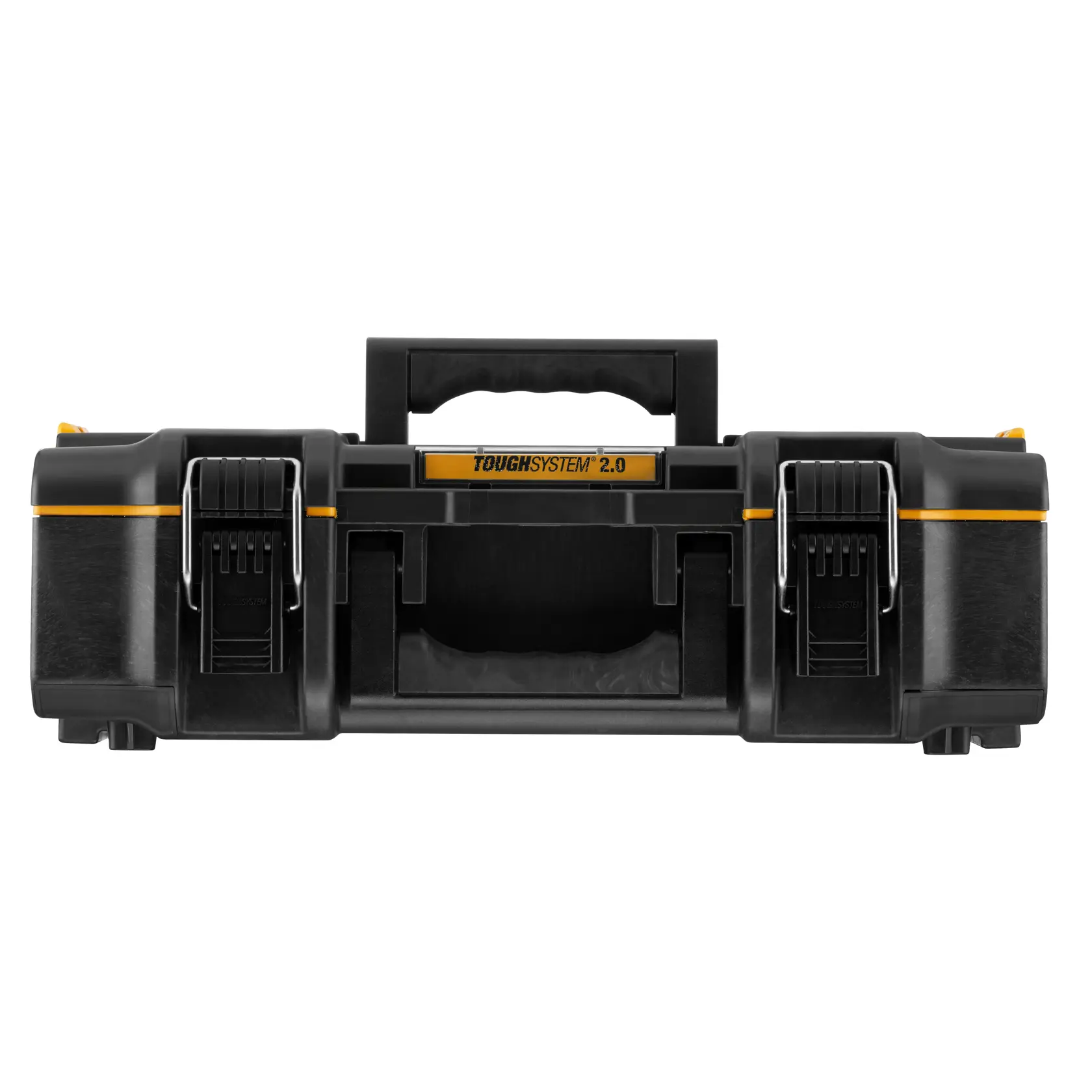 DEWALT ToughSystem 2.0 promotional graphic with the slogan 'Storage Built to Handle It' in large, bold yellow lettering on a dark, textured background.