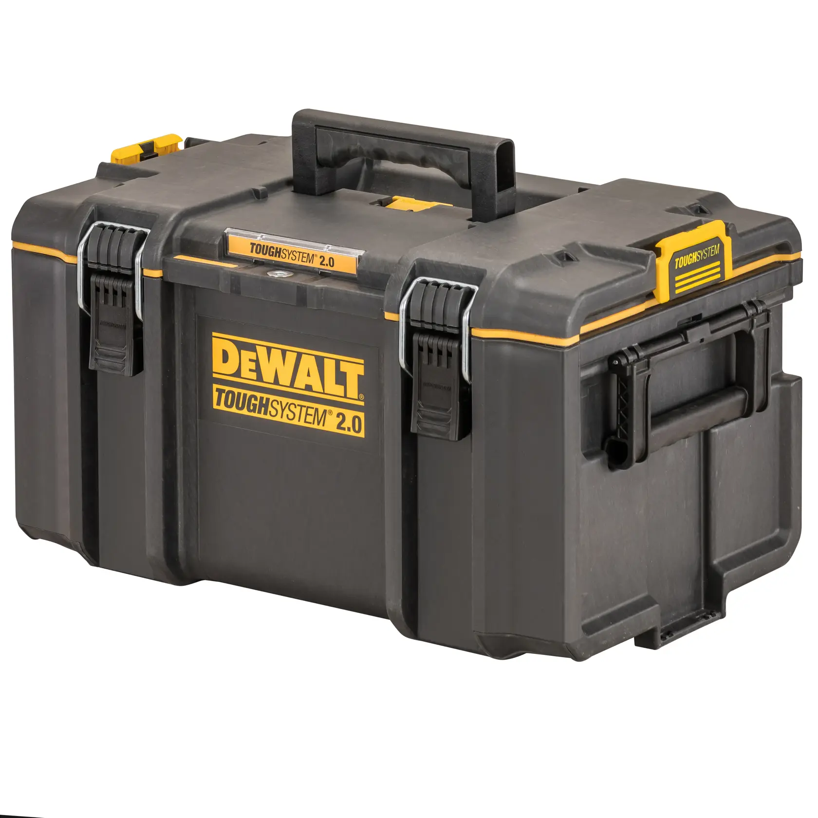 Boîte à outils noire DEWALT Toughsystem 2.0 avec accents jaunes et attaches robustes sur fond blanc.