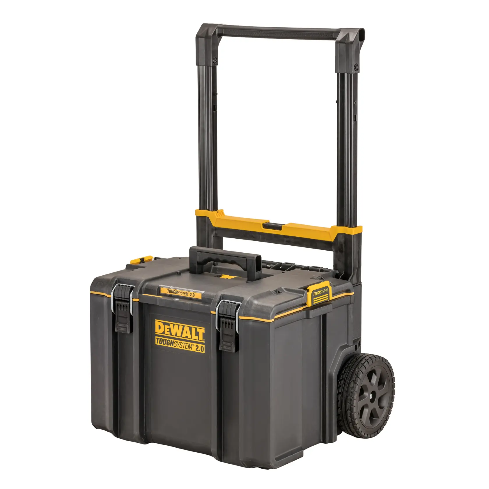 Boîte à outils DEWALT ToughSystem 2.0 à roulettes avec poignée extensible, noire et jaune.