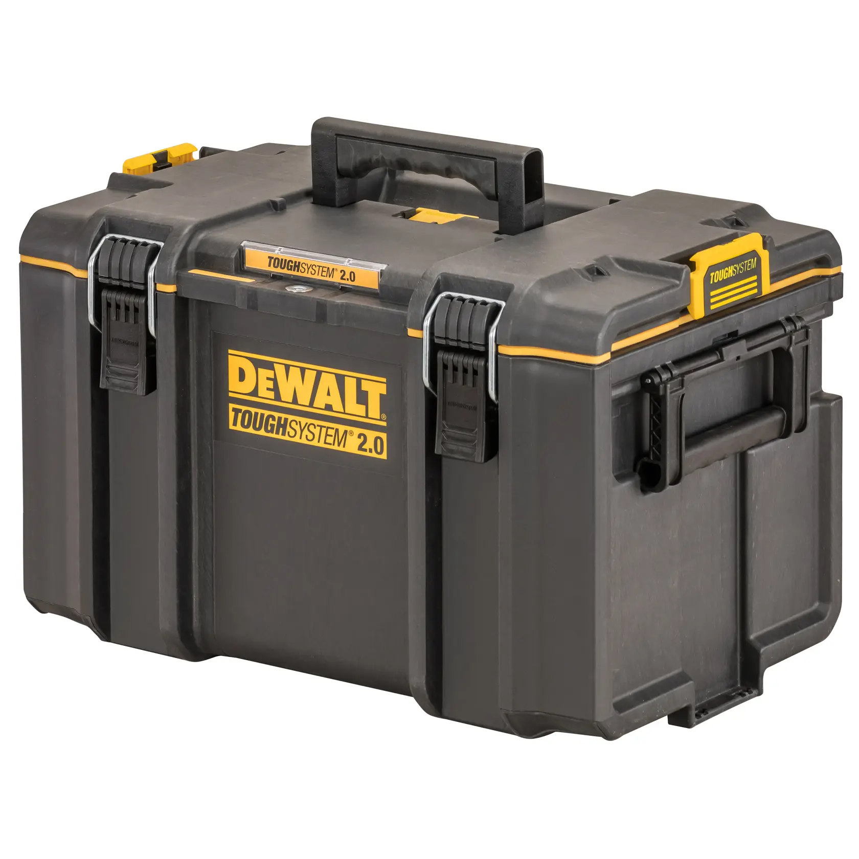 Boîte à outils DEWALT ToughSystem 2.0 noire avec accents jaunes, poignées robustes et fermoirs sécurisés.
