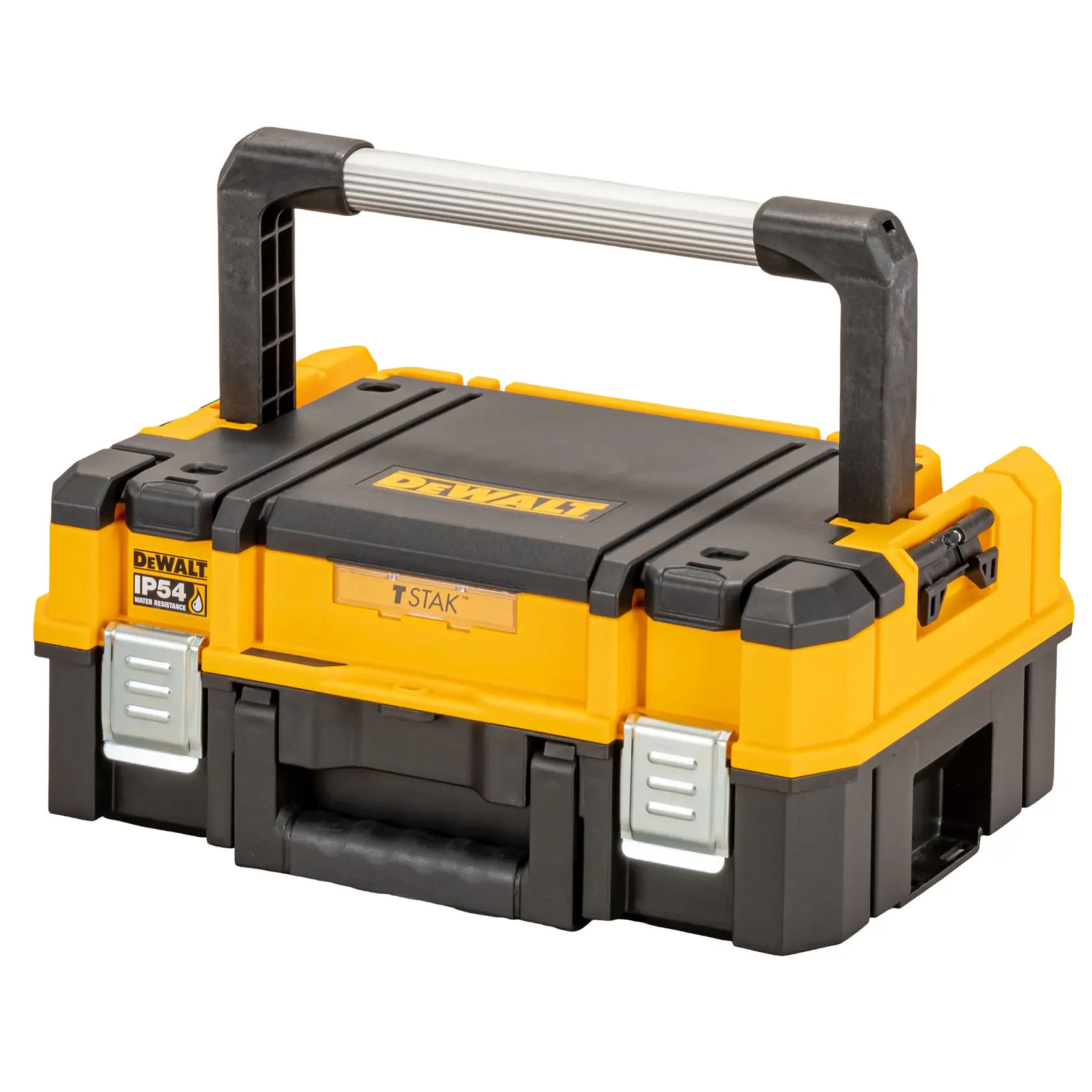 Une boîte à outils DEWALT DWST83344-1, jaune et noire, avec une grande poignée, des loquets métalliques et une certification de résistance à l'eau IP54.