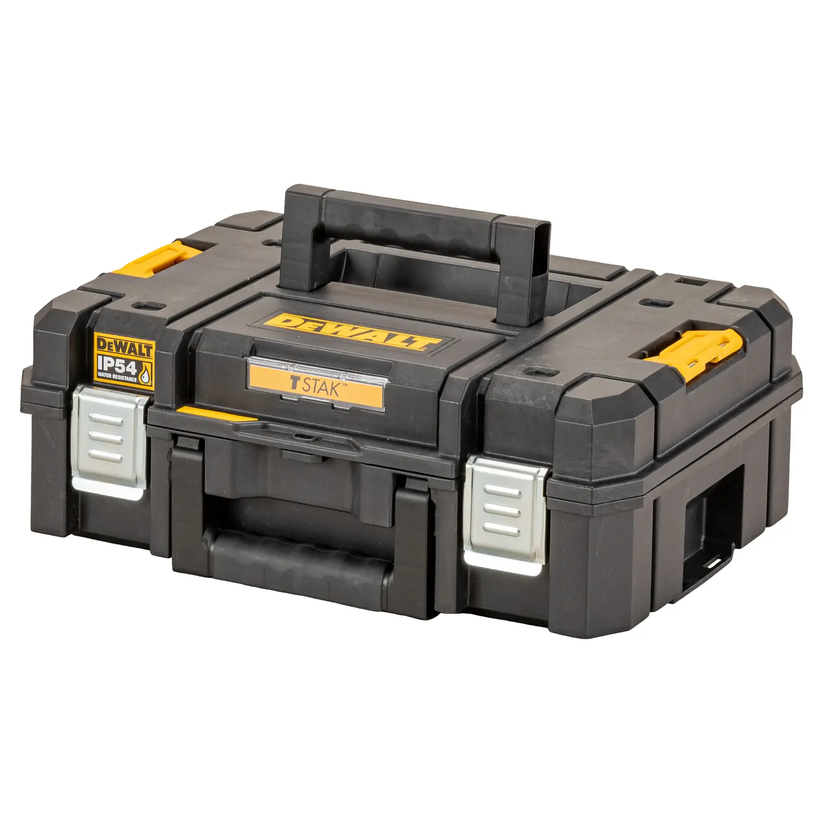 Une boîte de rangement d’outils DEWALT TSTAK noire avec des accents jaunes et argentés, dotée d’une poignée robuste et de loquets, conçue pour un stockage sécurisé et organisé des outils.