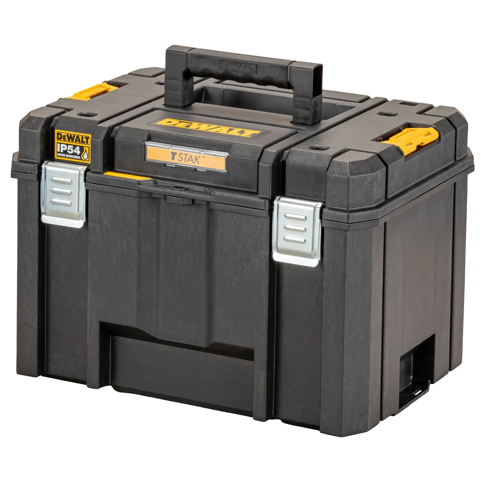 Boîte de rangement DEWALT TSTAK noire avec poignée, loquets métalliques et étiquette IP54.