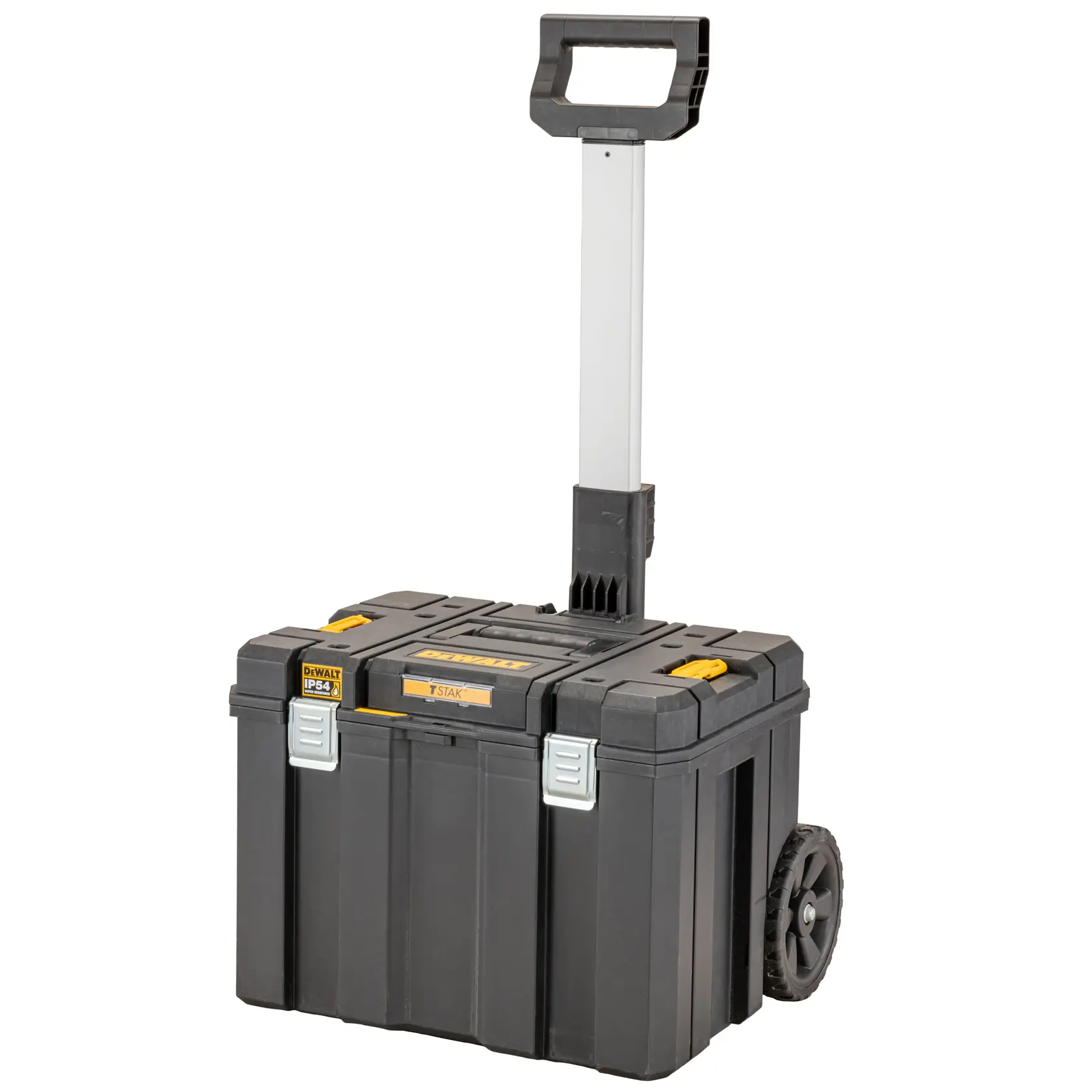 Boîte à outils DEWALT noire sur roulettes avec poignée télescopique, accents jaunes et loquets métalliques sécurisés. La boîte est conçue pour un transport facile et le rangement pratique des outils.