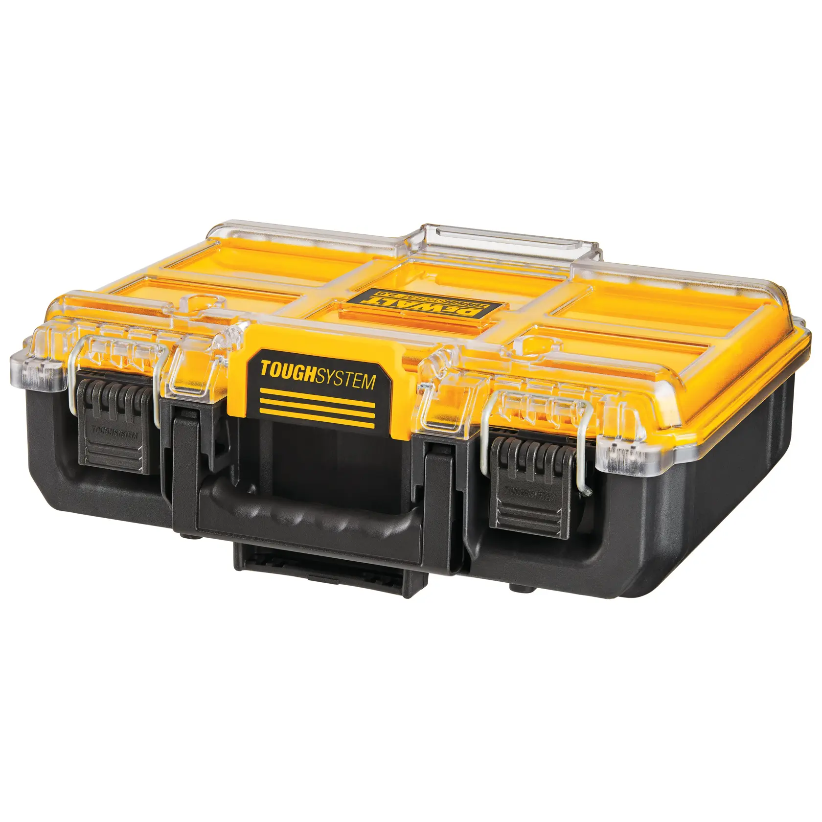 Boîte DEWALT ToughSystem jaune et noire à couvercle transparent, poignées et loquets pour rangement d’accessoires.