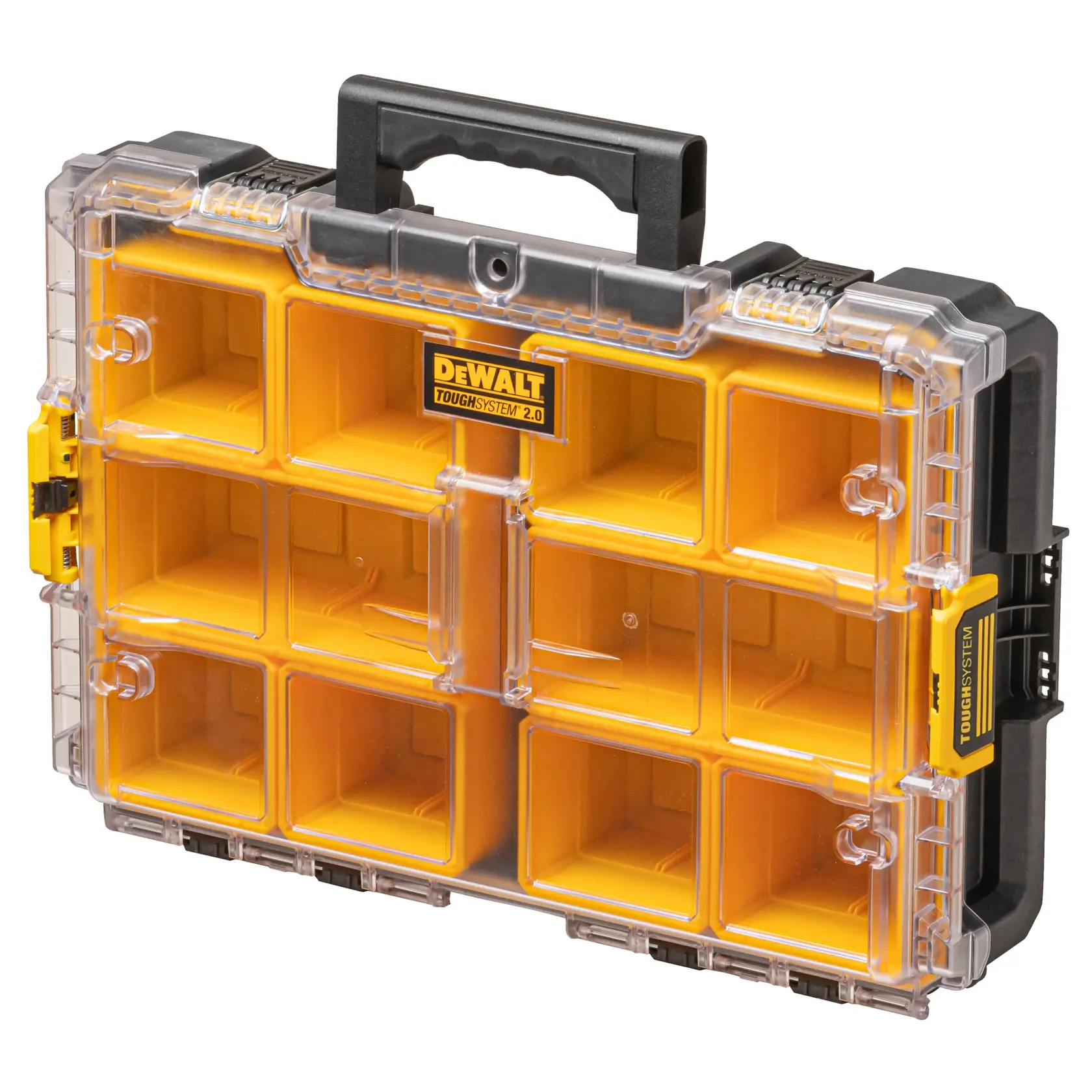 Un organiseur DEWALT ToughSystem 2.0 avec un couvercle transparent, des compartiments jaunes et une poignée noire. L’étui dispose de plusieurs sections de rangement pour petits objets et de loquets latéraux sécurisés.