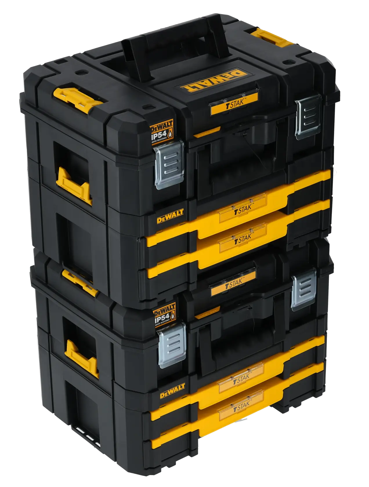 Ensemble empilé de trois boîtes de rangement modulaires DEWALT TSTAK en noir et jaune, avec poignées de transport et fermetures métalliques.
