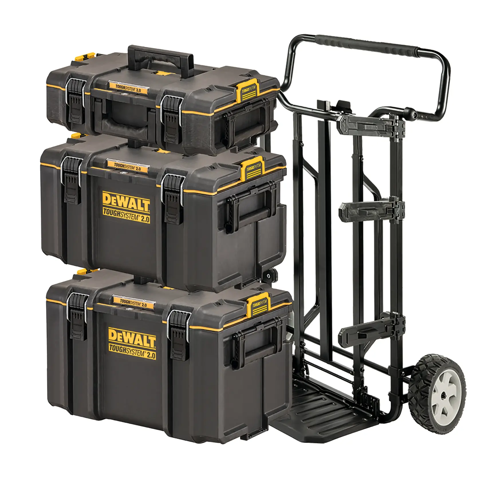 Trois boîtes à outils DEWALT ToughSystem 2.0 empilées sur un chariot noir à grandes roues.