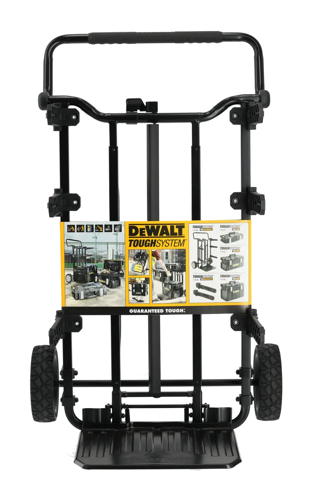 Chariot DEWALT ToughSystem avec grandes roues et poignée pour transporter des boîtes à outils.