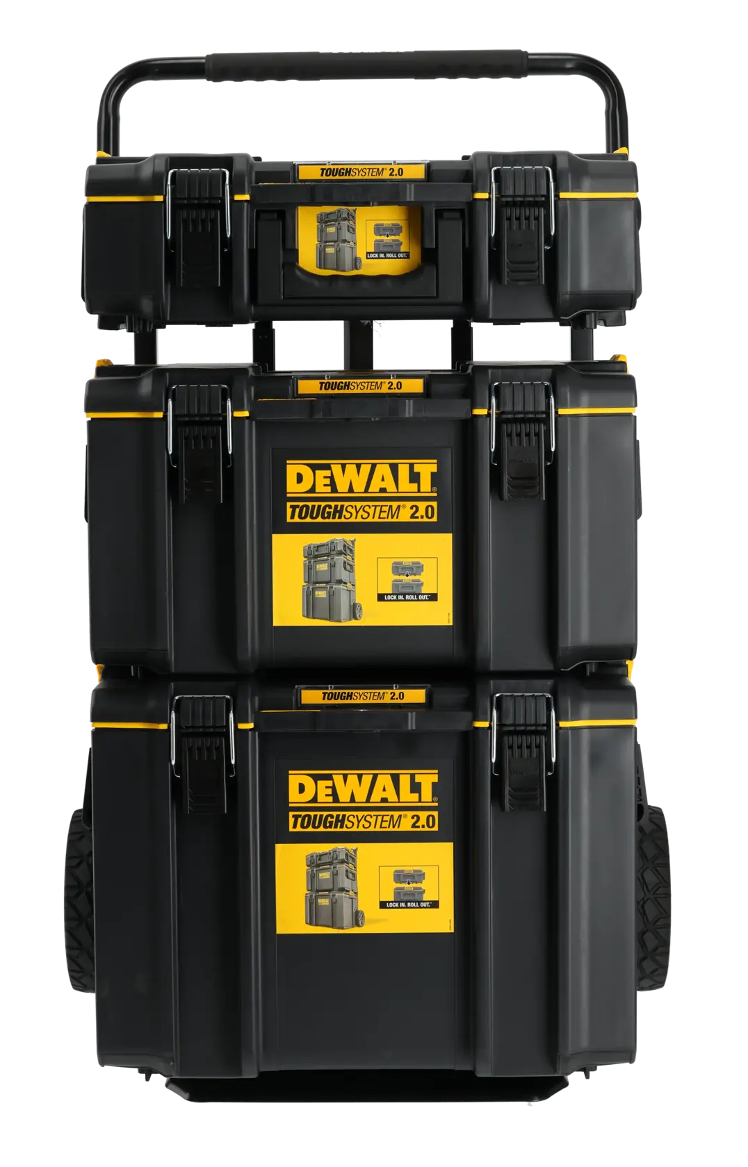 DEWALT ToughSystem 2.0 boîtes à outils empilables sur roulettes avec poignée, noir et jaune.