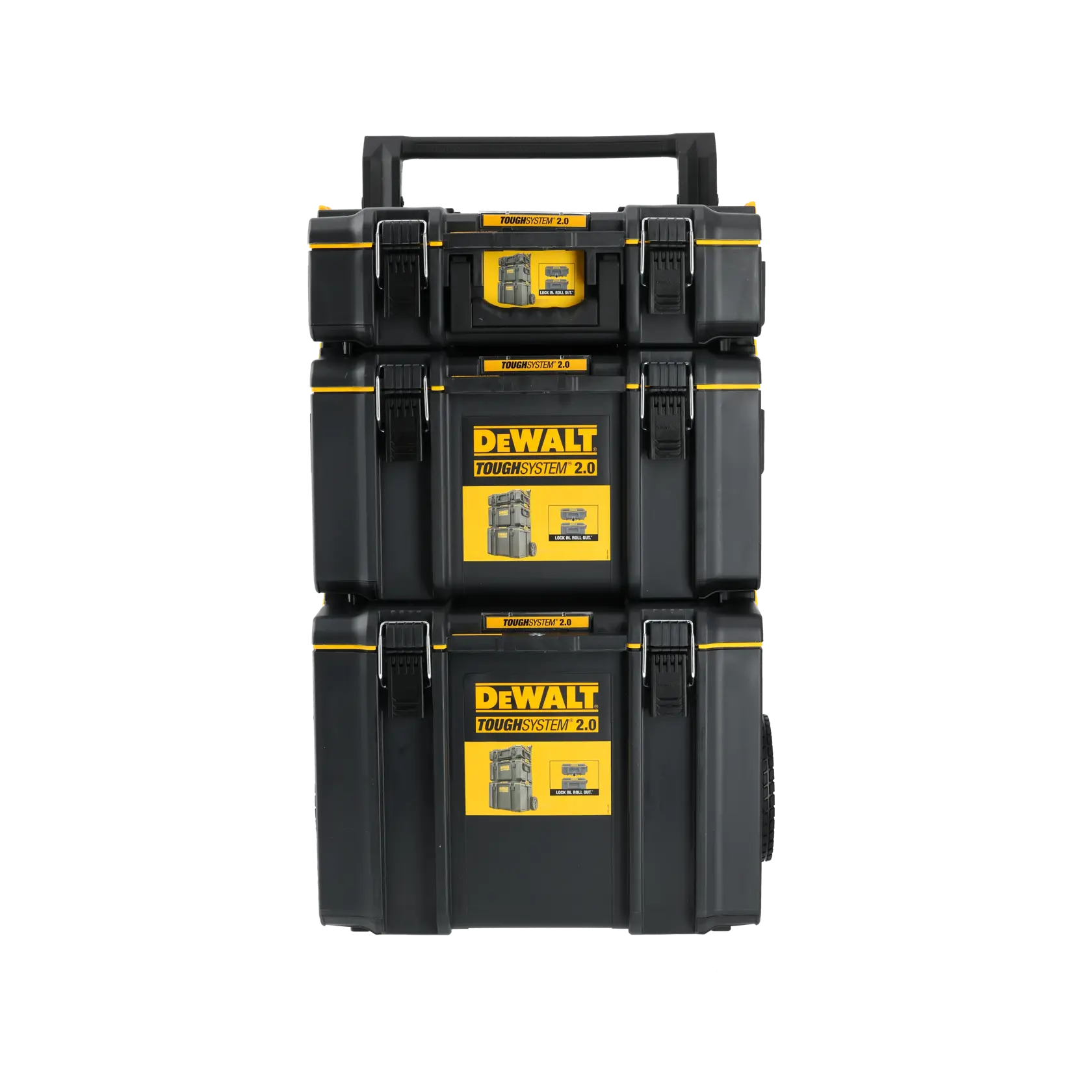 Boîtes à outils DEWALT ToughSystem 2.0 empilées avec étiquettes jaunes et attaches noires sur fond blanc.