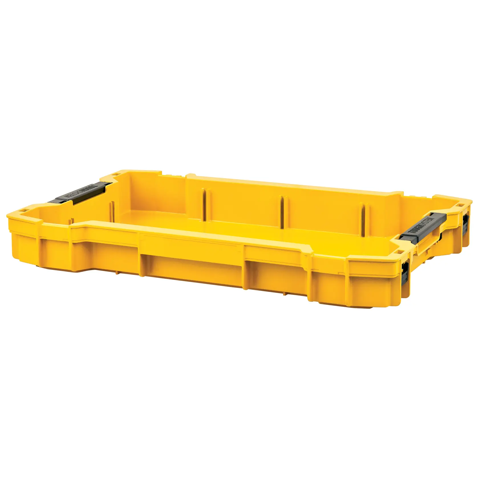 Plateau organisateur d’outils DEWALT en plastique jaune avec des attaches noires, de forme rectangulaire, conçu pour ranger et organiser des outils ou petites pièces.