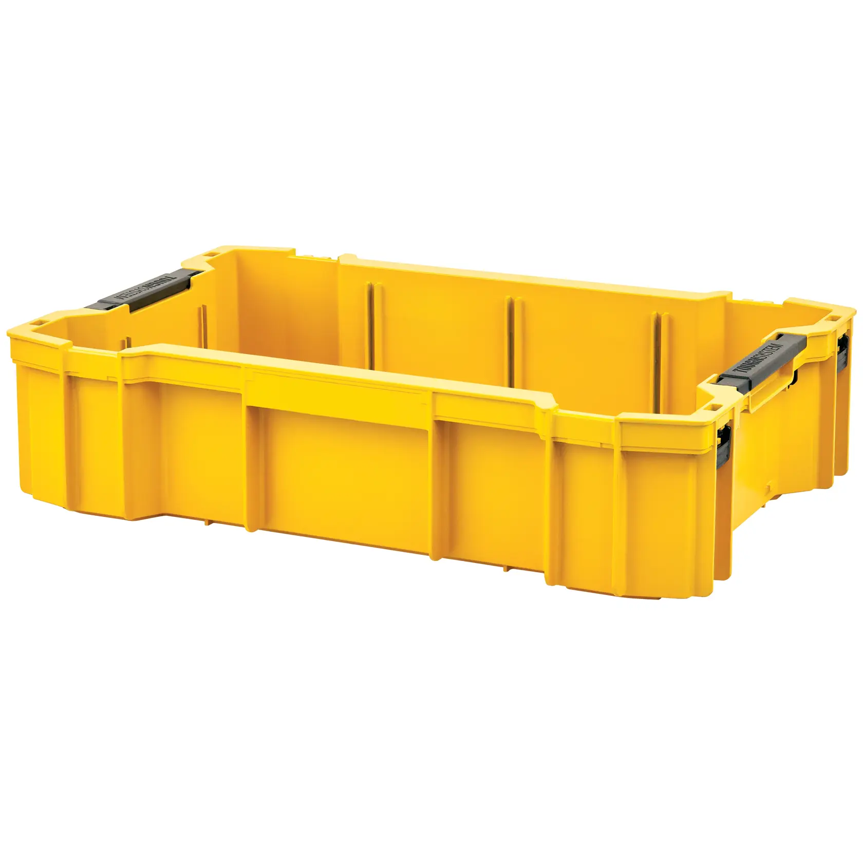 Boîte d’organisation jaune DEWALT avec poignées noires, idéale pour ranger outils ou matériaux.