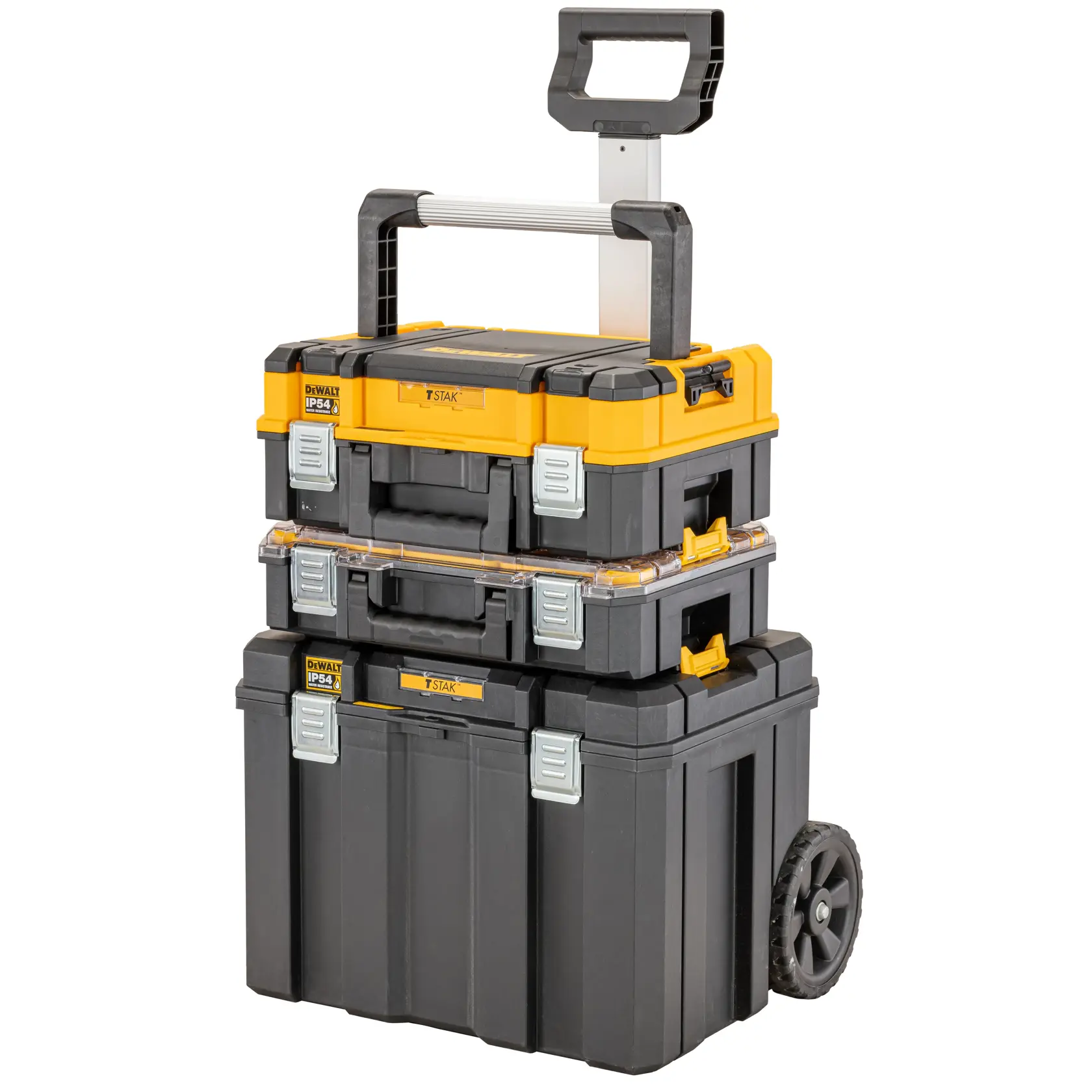 Une pile de trois boîtes à outils DEWALT TSTAK avec une poignée télescopique et des roues, conçue pour un transport facile et un stockage sécurisé des outils.