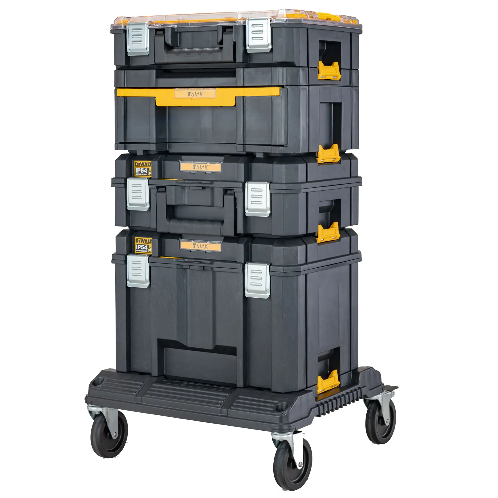 Coffrets à outils DEWALT empilés sur une base à roulettes, noirs et jaunes, pour le rangement portable.