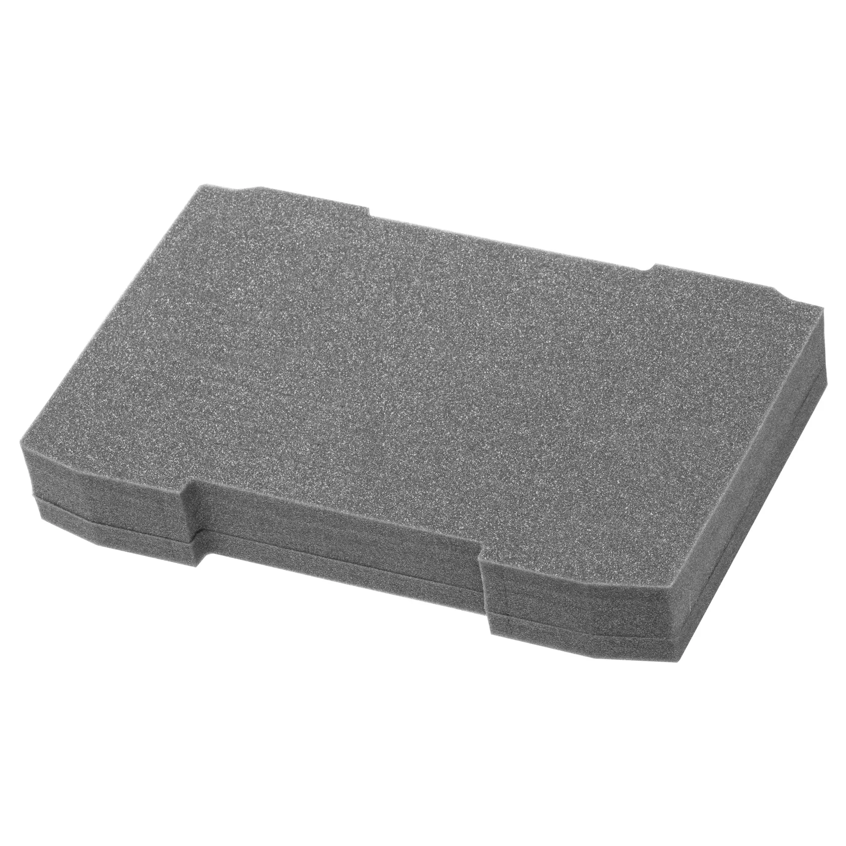 Insert en mousse grise rectangulaire à bords biseautés, utilisé pour le rangement ou la protection dans des boîtes DEWALT.
