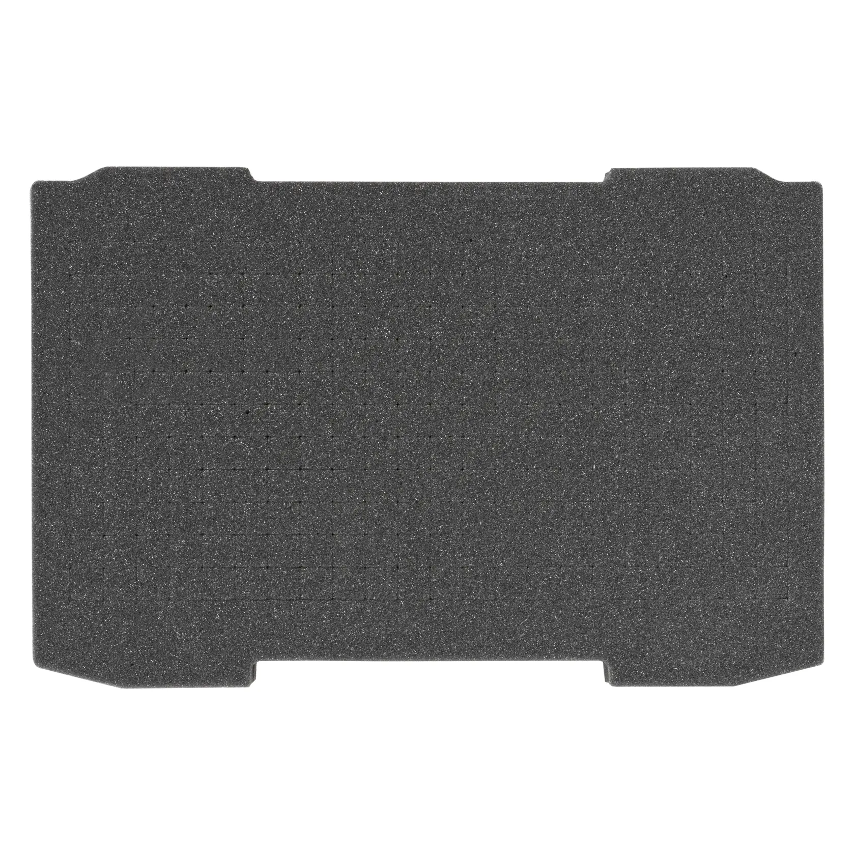 Insert en mousse noire rectangulaire avec découpes, conçu pour ranger et protéger les outils.