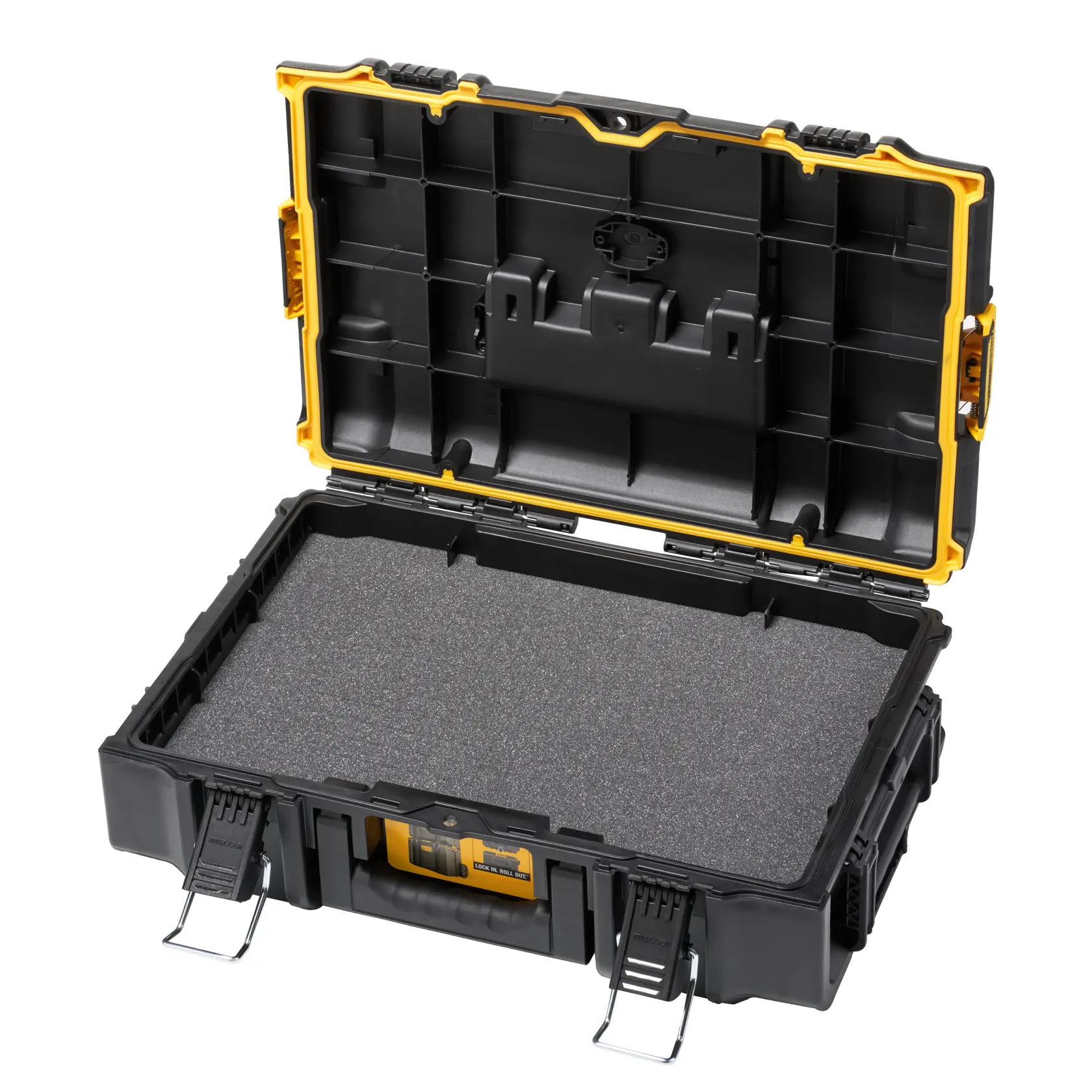 Coffret DEWALT ouvert avec insert en mousse, noir et jaune, design robuste, fermetures métalliques, pour matériel.