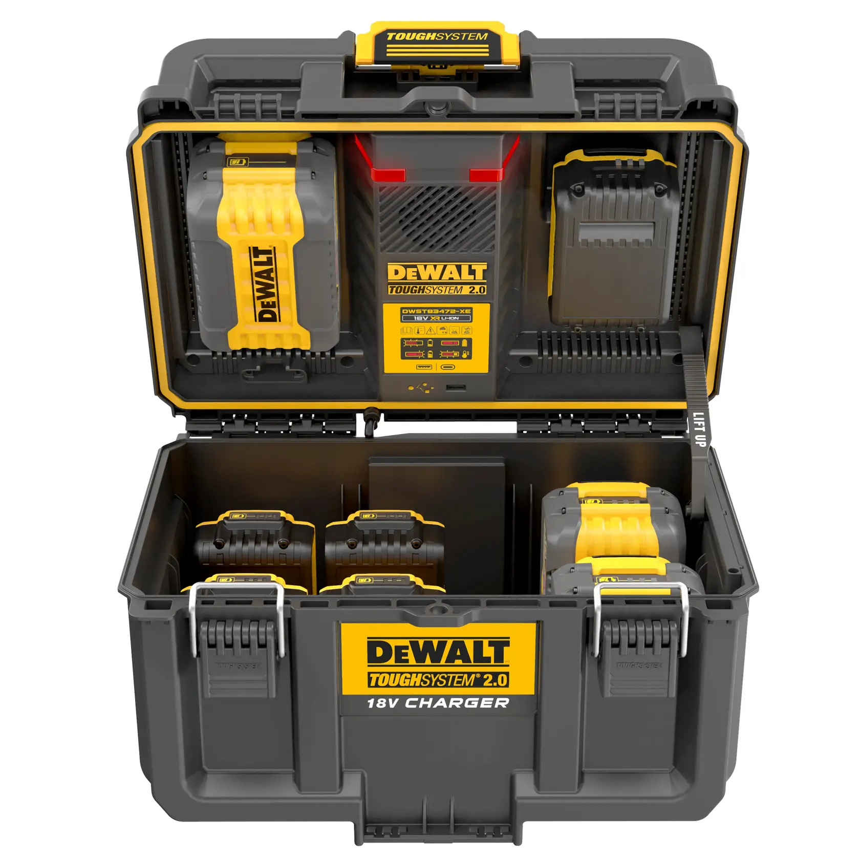 Boîtier DEWALT ToughSystem 2.0 ouvert avec plusieurs batteries 18V et chargeur organisés dedans.