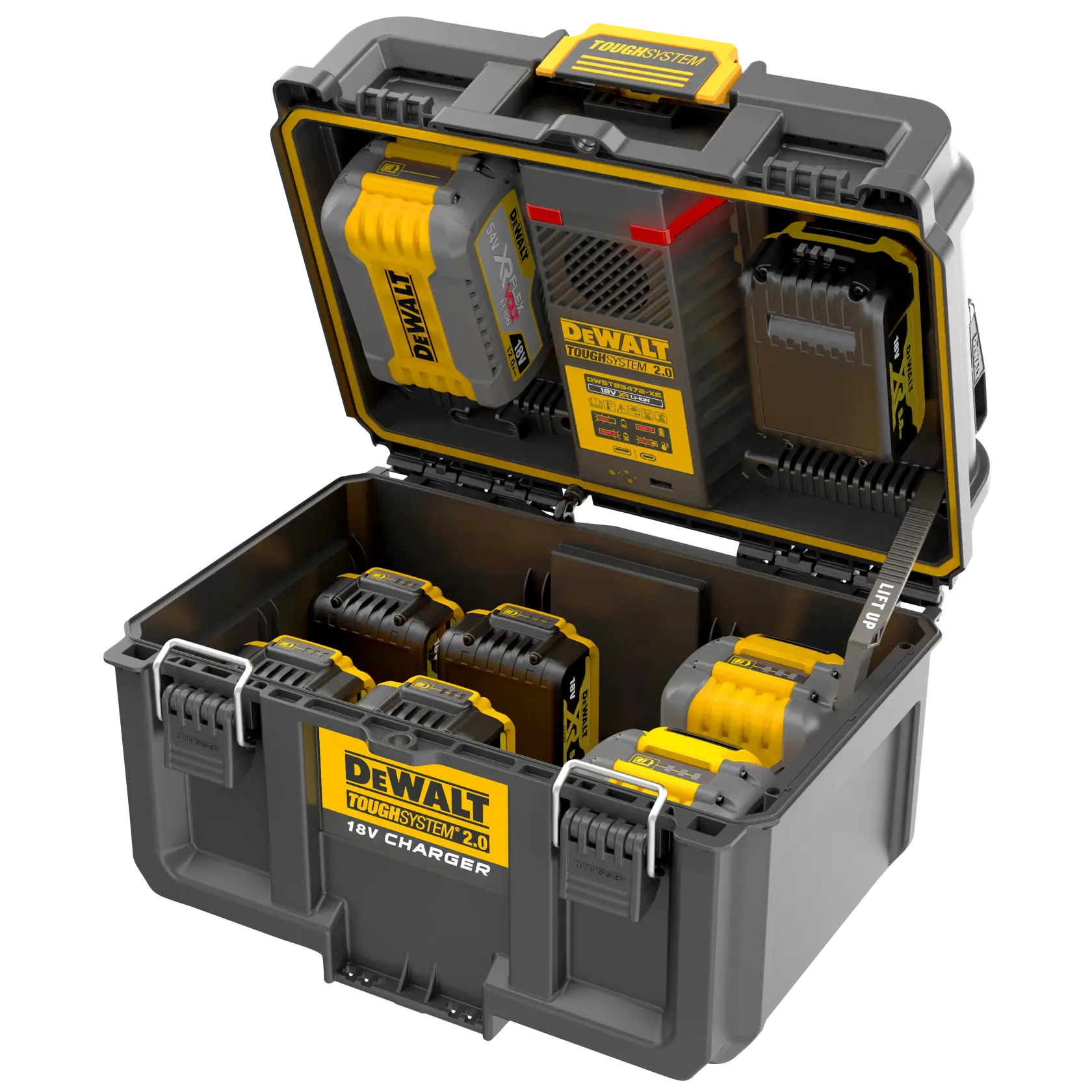 DEWALT ToughSystem 2.0 promotional graphic with the slogan 'Storage Built to Handle It' in large, bold yellow lettering on a dark, textured background.