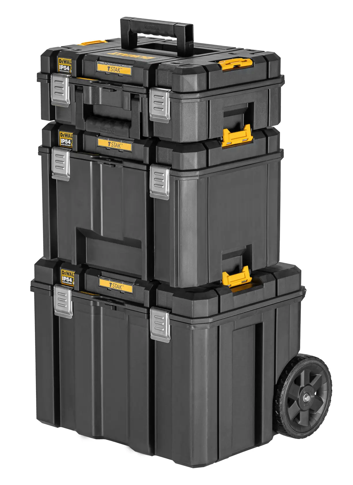Un ensemble de boîtes de rangement modulaires noires DEWALT TSTAK avec des loquets jaunes, des clips argentés et une poignée sur le dessus. La boîte du bas comporte des roues pour une mobilité facile.