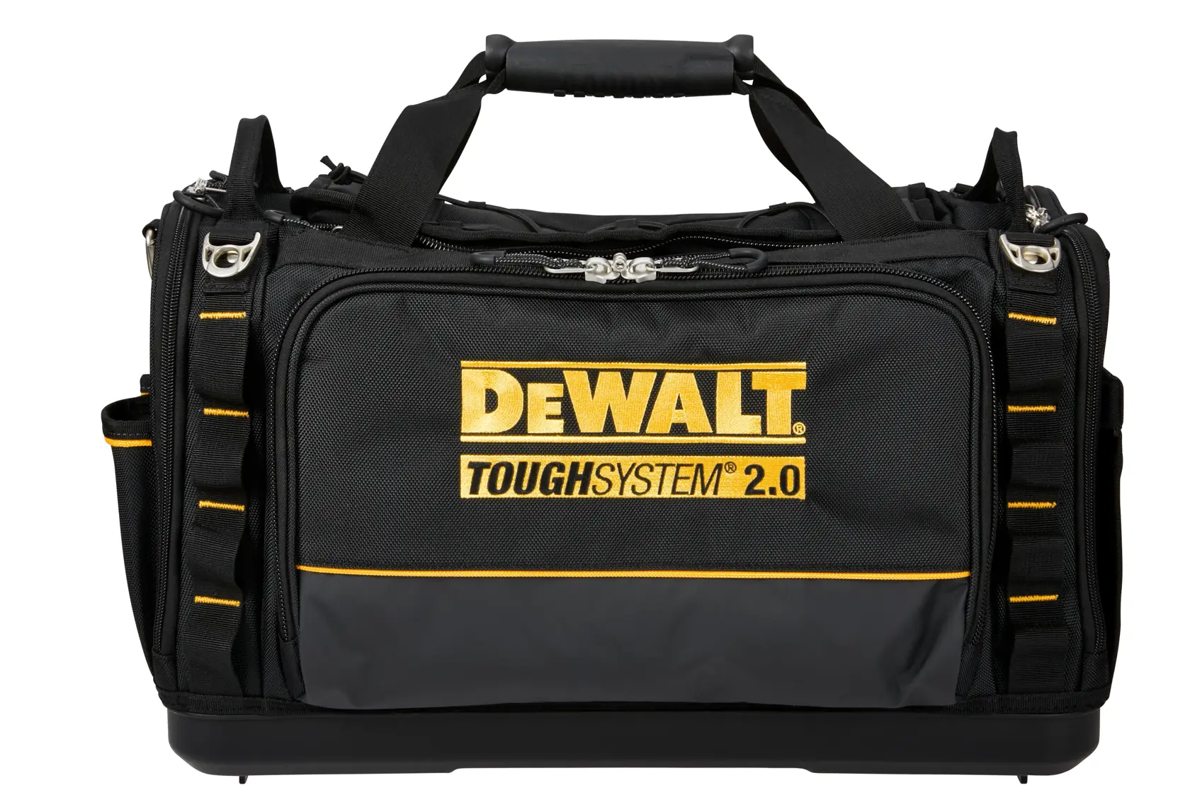 Un sac à outils DEWALT ToughSystem 2.0 noir avec des accents jaunes, plusieurs compartiments, une poignée rembourrée et des poches extérieures, présenté sur fond blanc.