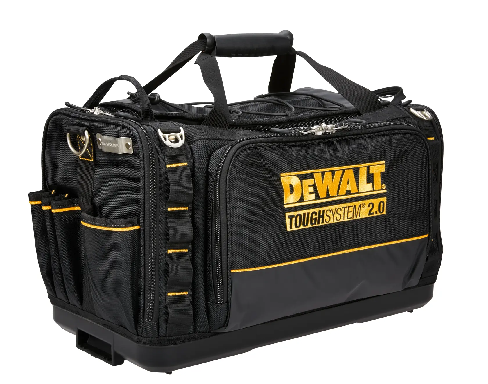DEWALT ToughSystem 2.0 promotional graphic with the slogan 'Storage Built to Handle It' in large, bold yellow lettering on a dark, textured background.
