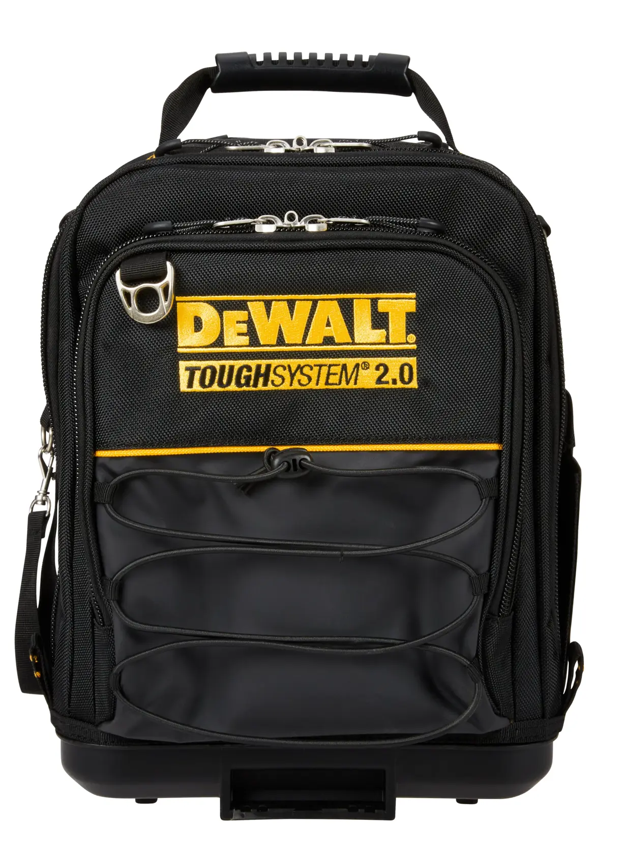 Vue de face d'un sac à outils noir DEWALT ToughSystem 2.0 avec le logo jaune, plusieurs compartiments, fermetures à glissière, une poignée de transport et des bandes élastiques de rangement.
