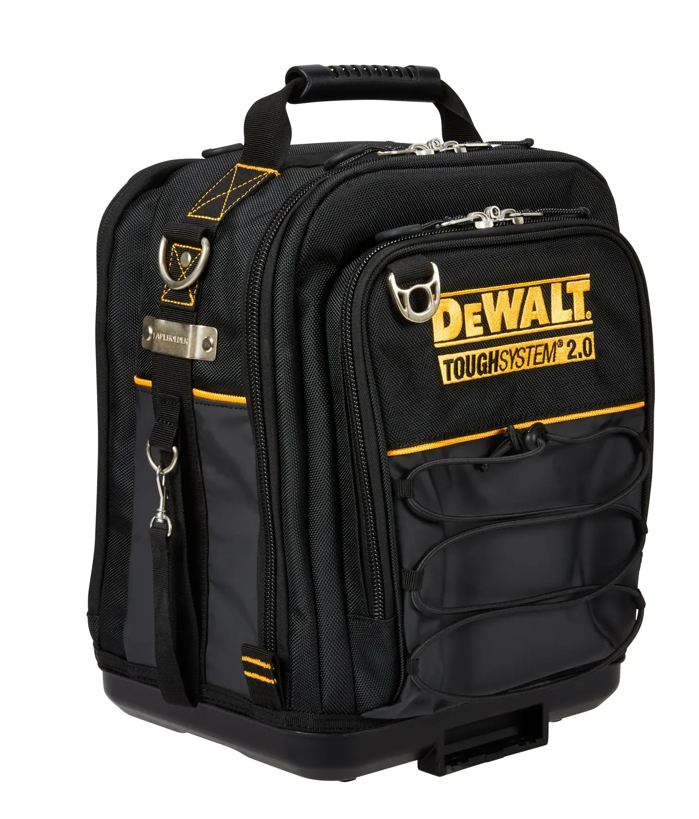 DEWALT ToughSystem 2.0 promotional graphic with the slogan 'Storage Built to Handle It' in large, bold yellow lettering on a dark, textured background.