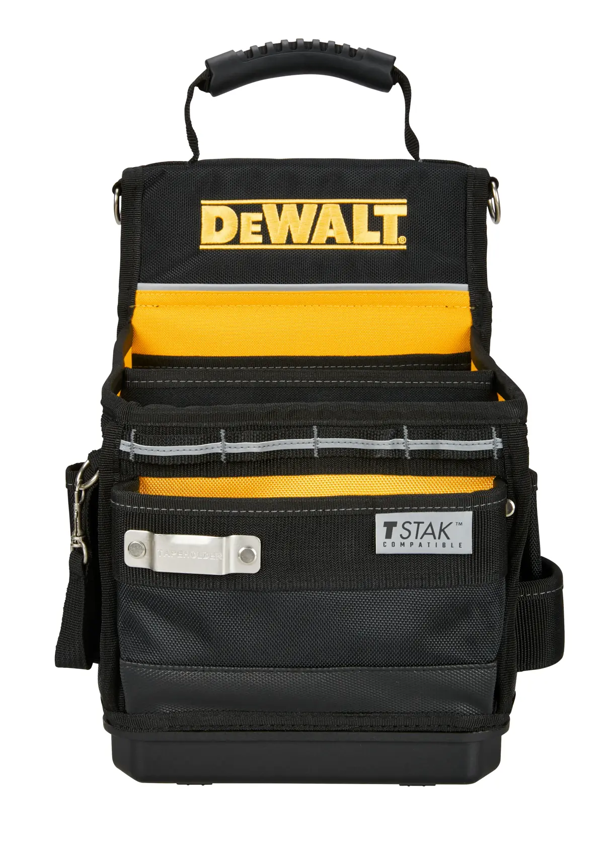 Eine schwarz-gelbe Werkzeugtasche der Marke DEWALT mit einem oberen Griff, mehreren Fächern und einem 'T STAK Compatible'-Label auf der Vorderseite.