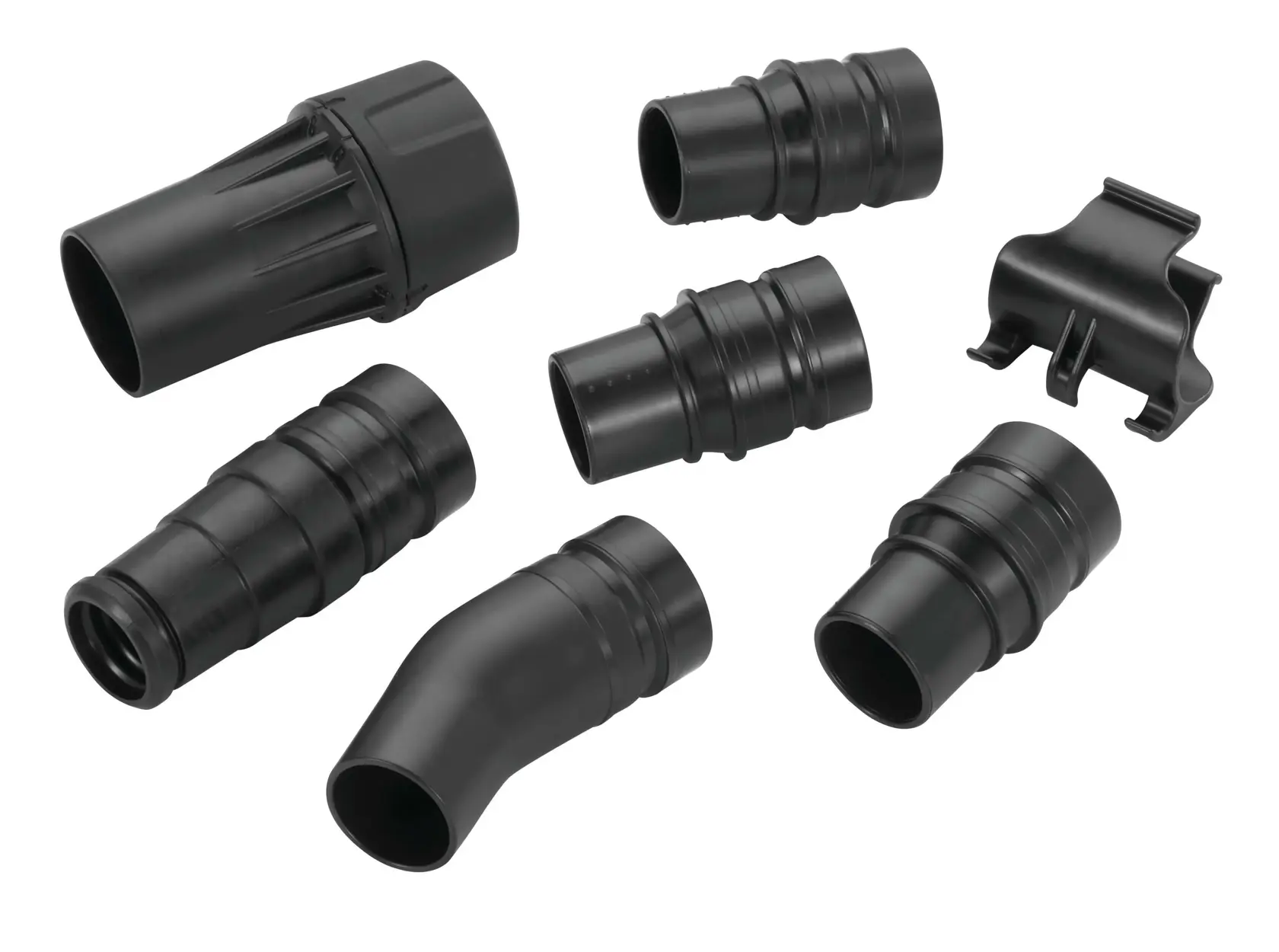 Un ensemble d'accessoires de photographie DEWALT DWV9220, montrant sept connecteurs et adaptateurs en plastique noir de différentes formes et tailles, disposés sur un fond blanc.