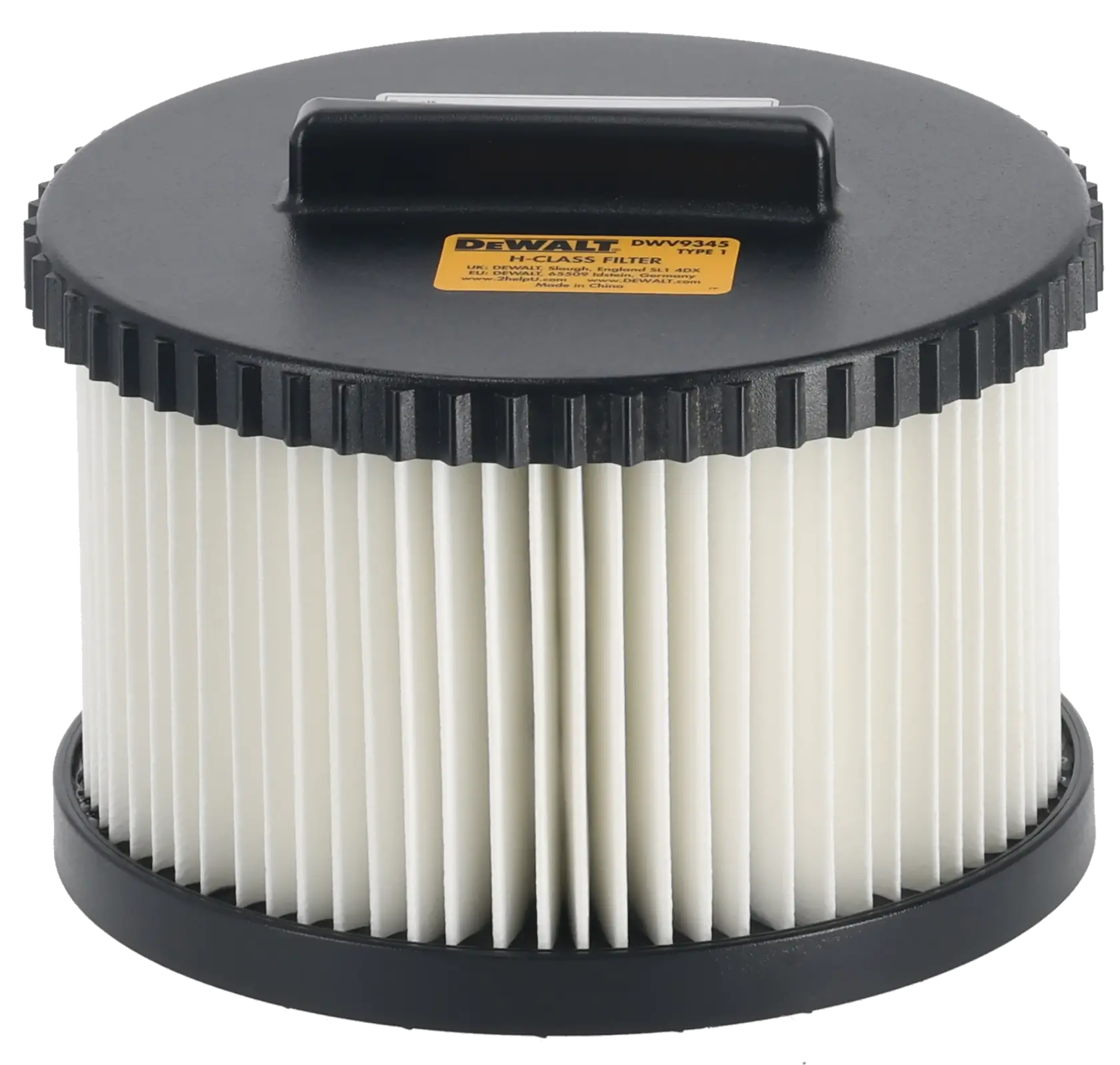 Un filtre cylindrique plissé DEWALT DWV9345 de classe H avec un dessus et une base en plastique noir, doté d'une poignée et d'une étiquette sur la surface supérieure.