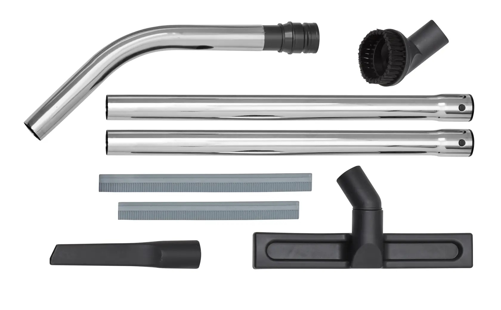 Un ensemble d'accessoires pour aspirateur DEWALT, comprenant deux rallonges métalliques droites, un tube métallique courbé, une brosse ronde, une buse pour sol, un suceur plat et deux inserts gris souples, présentés sur fond blanc.