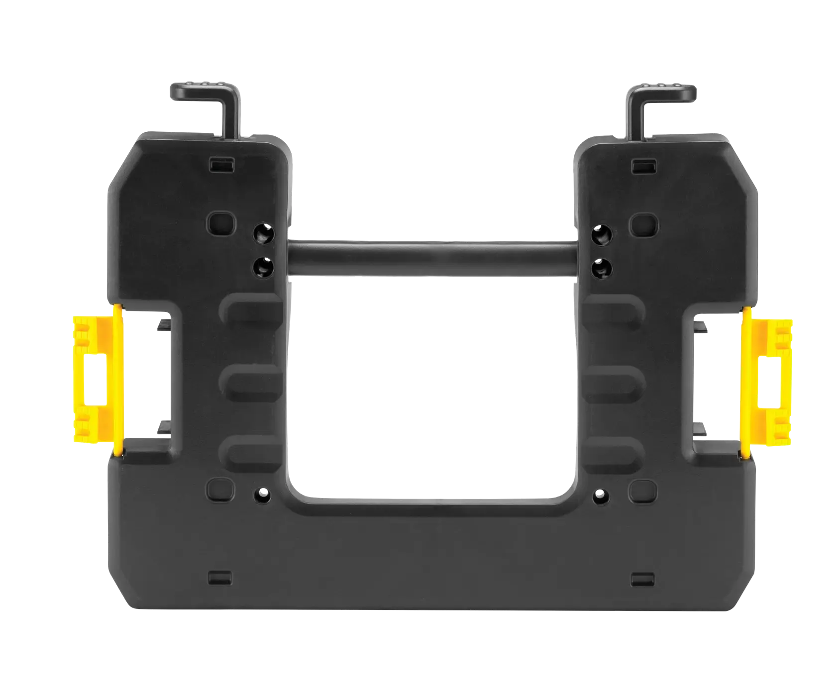Accessoire DEWALT en plastique noir avec clips jaunes, forme rectangulaire, sur fond blanc.