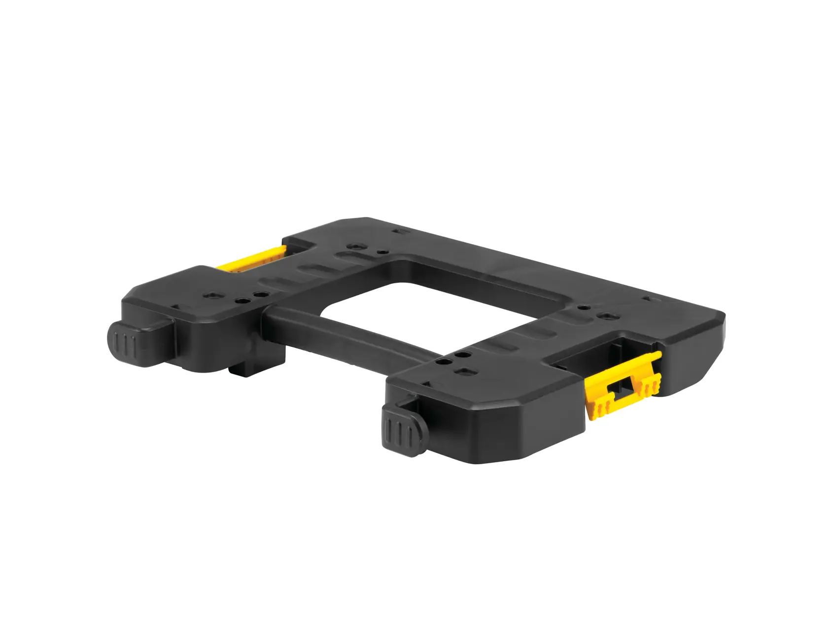 Accessoire noir DEWALT DWV9500 avec loquets jaunes, utilisé pour fixer ou monter des outils.