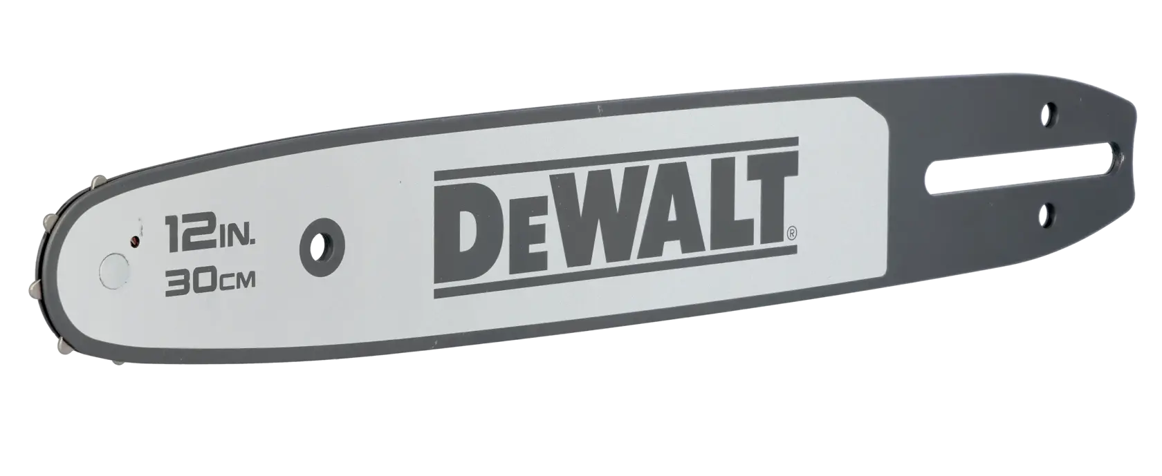 DEWALT 12-Zoll (30 cm) Kettensägen-Führungsschiene mit Logo auf weißem Hintergrund.