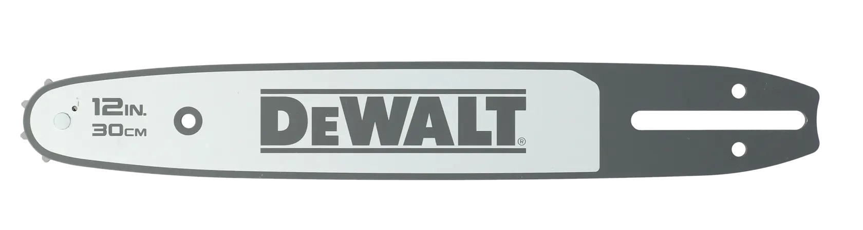 DEWALT 12-Zoll (30 cm) Kettensägen-Schiene, grau, isoliert vor weißem Hintergrund.