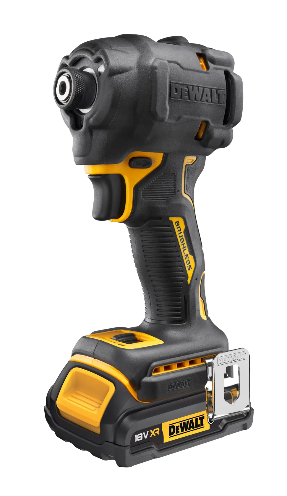 DEWALT 18V XR Akkuschlagschrauber, schwarz-gelb, mit ergonomischem Griff und Metallclip.