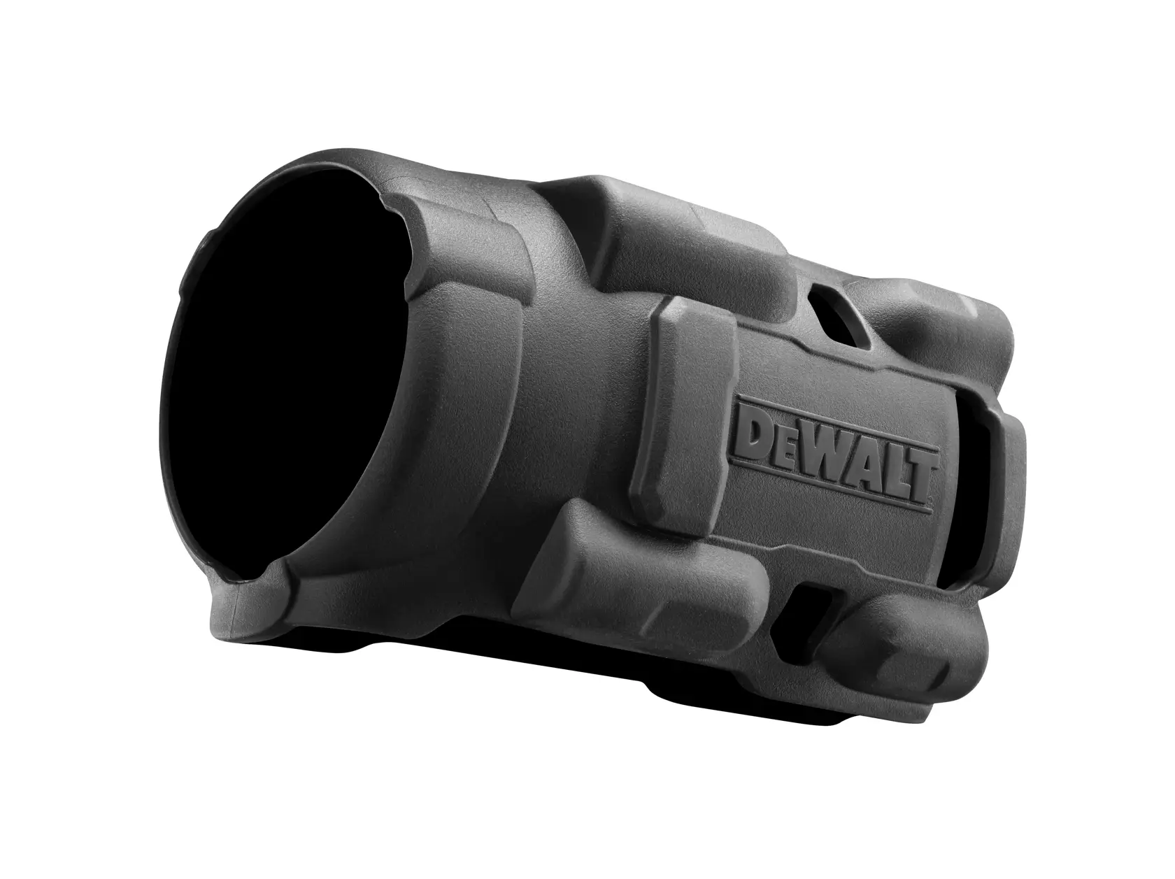 Cache d’objectif caméra noir DEWALT avec design robuste et texturé, vu de biais.