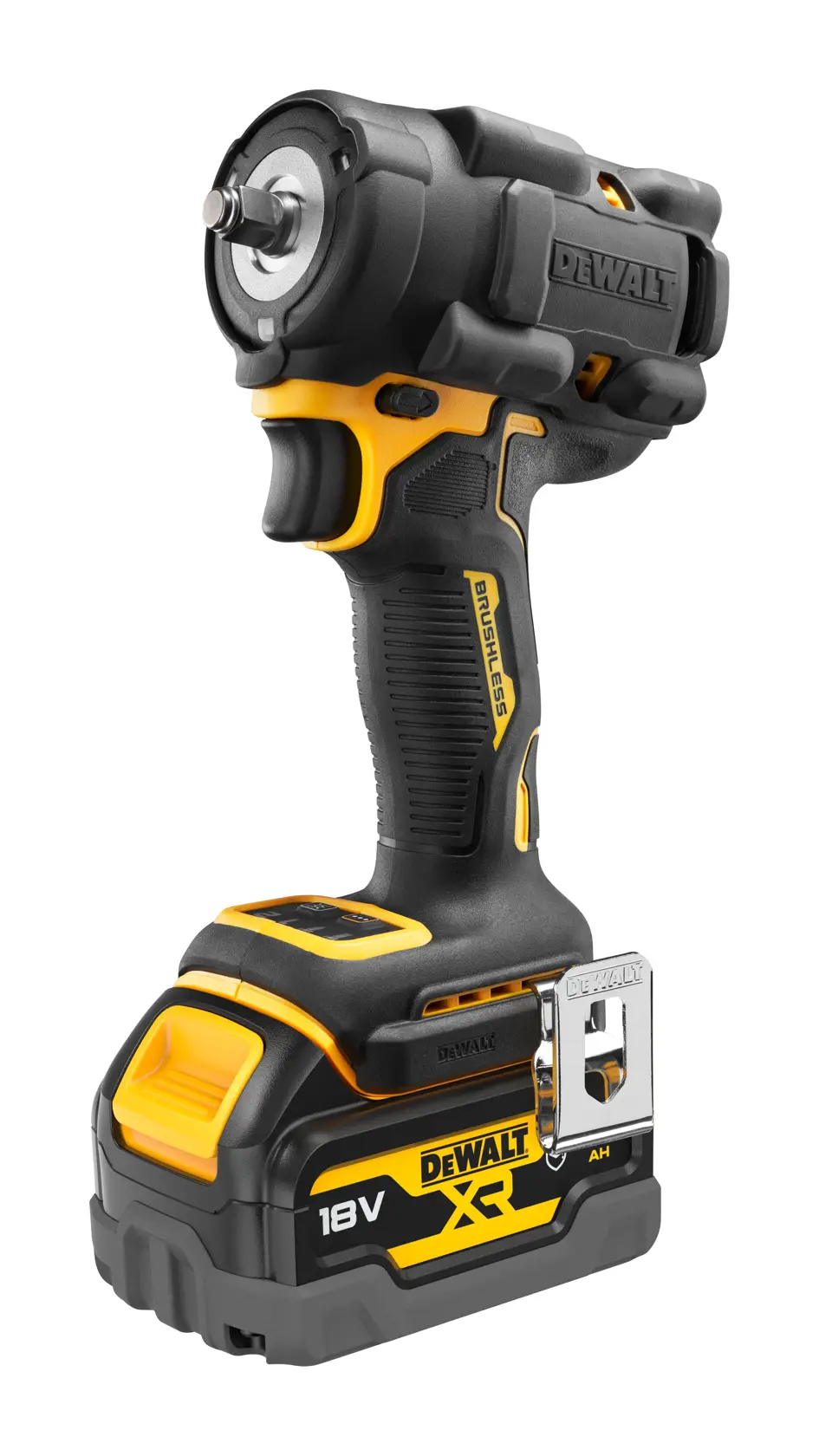 DEWALT 18V Akku-Schlagschrauber mit bürstenlosem Motor, schwarz-gelb, Batterie eingesetzt.