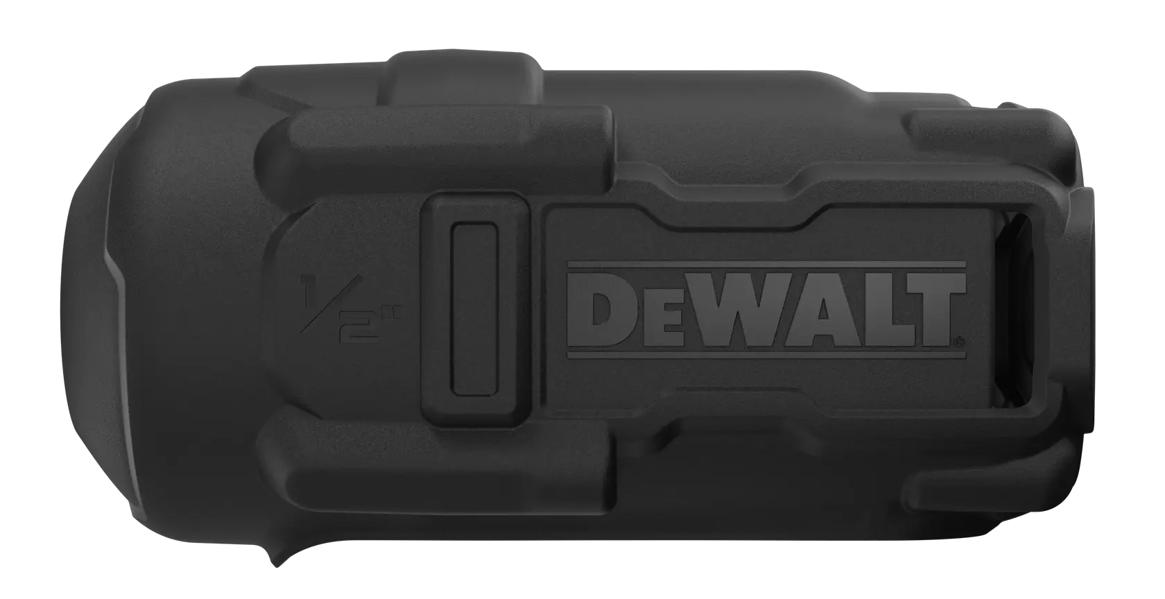 Étui de protection noir DEWALT pour accessoires photo, design robuste et logo sur le côté.