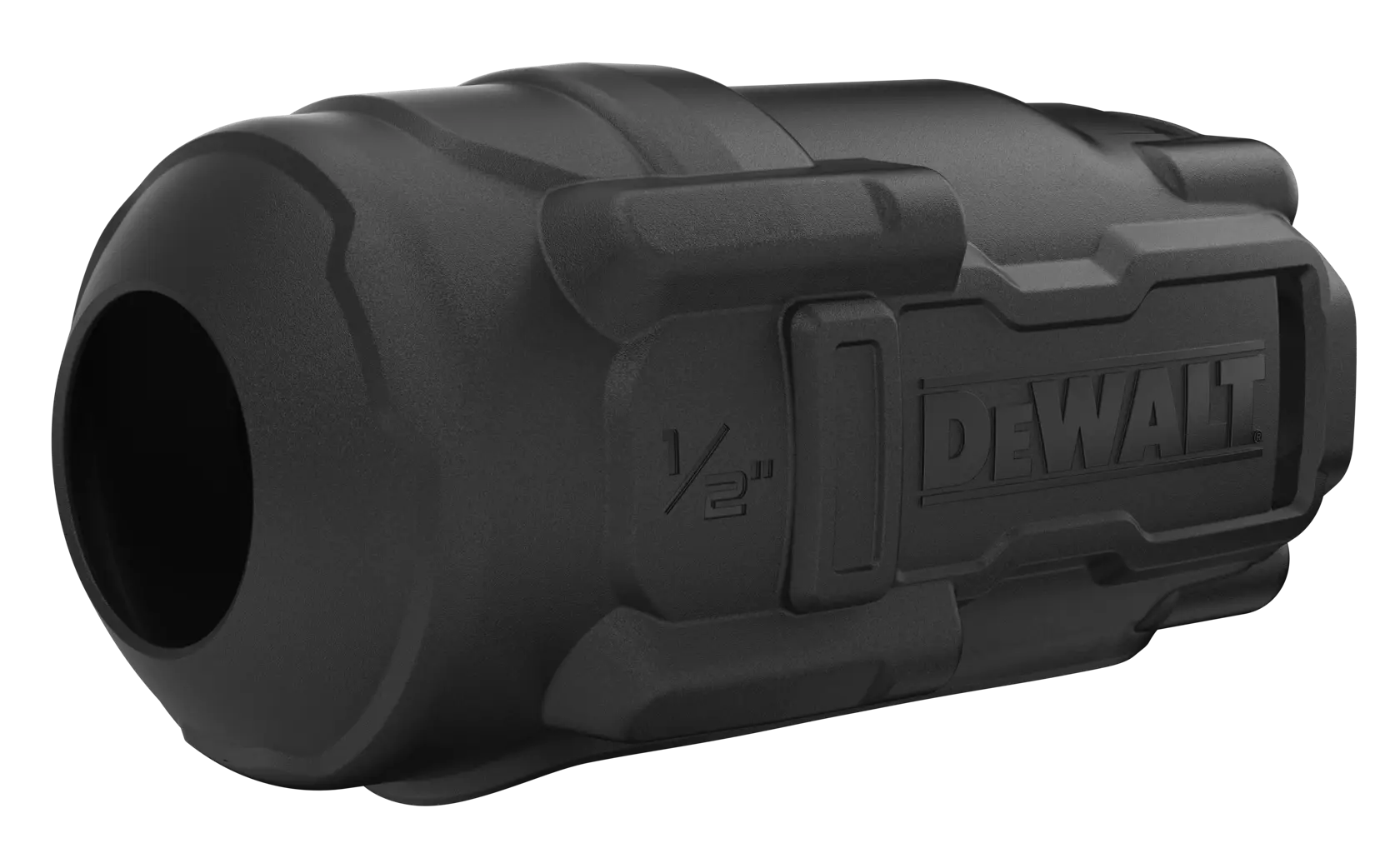 Coque noire DEWALT de protection pour outil 1/2 pouce, design cylindrique robuste.